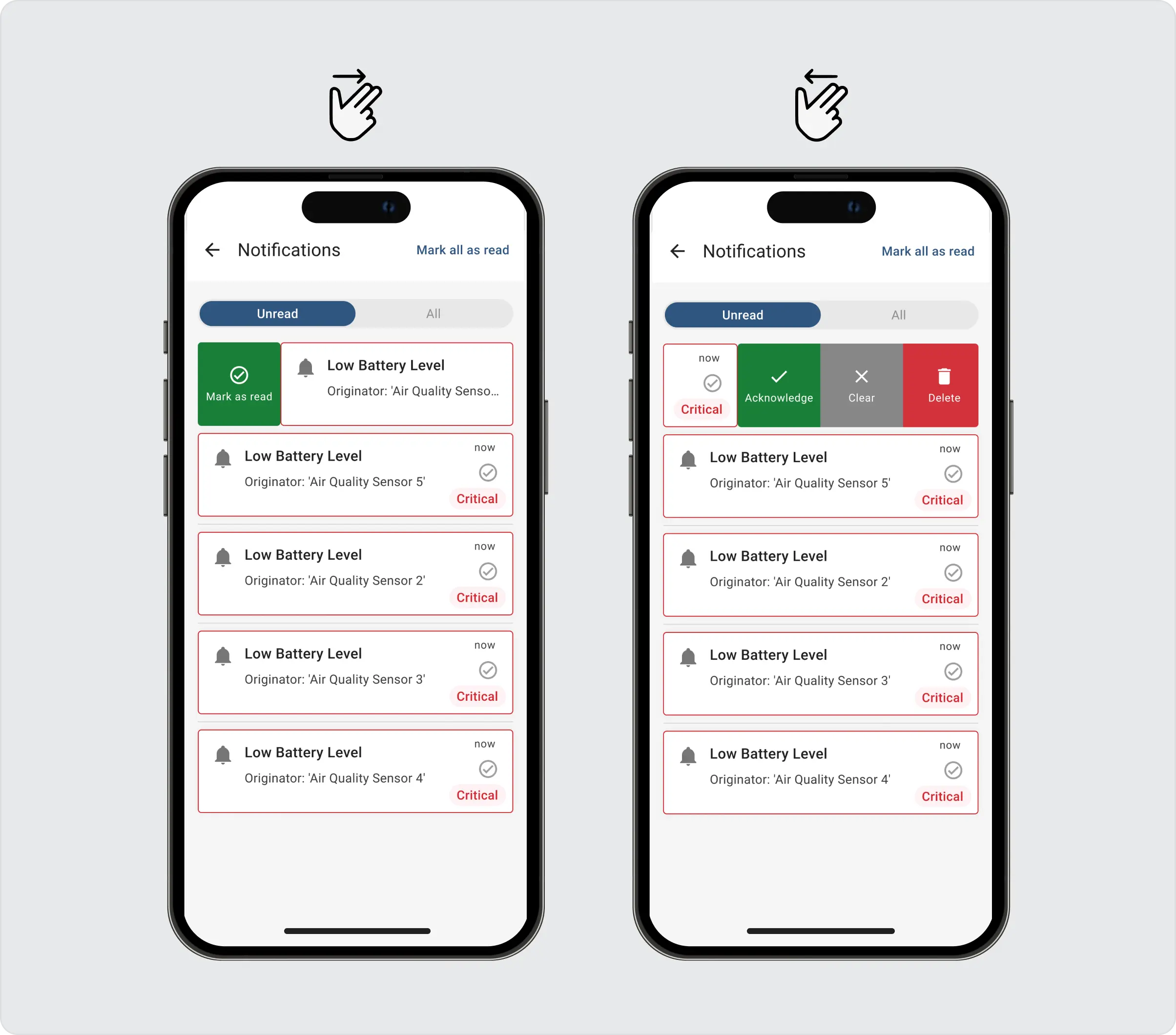 Two smartphones with thingsboard alarm notifications on the screens